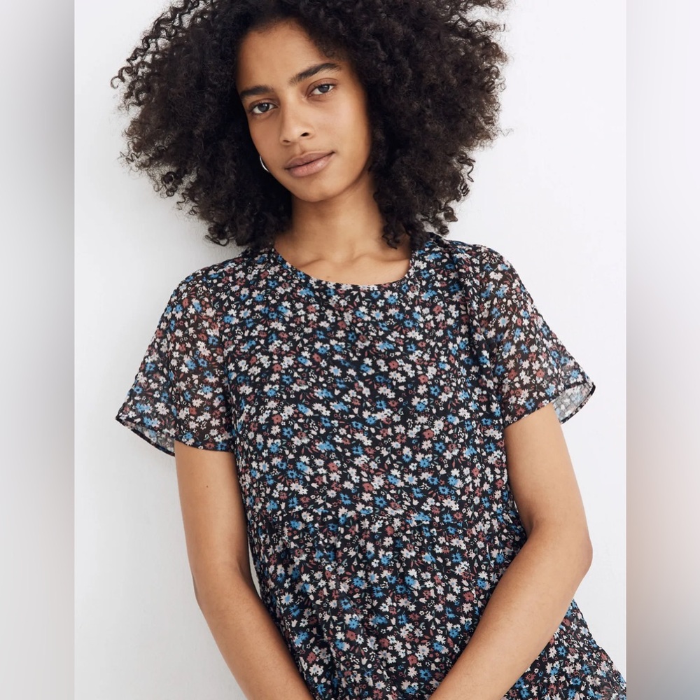 Madewell Short-Sleeve Tiered Mini Dress, Spring Prairie (L)